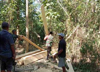 Tumbuhkan Jiwa Gotong Royong, Babinsa Bantu Pembangunan Kantor Desa